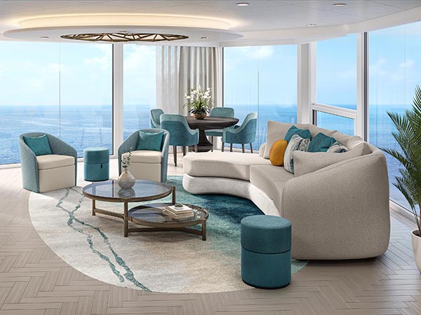 Photo of the interior living area of a Solarium Suite on Utopia of the Seas by Royal Caribbean Cruise Lines